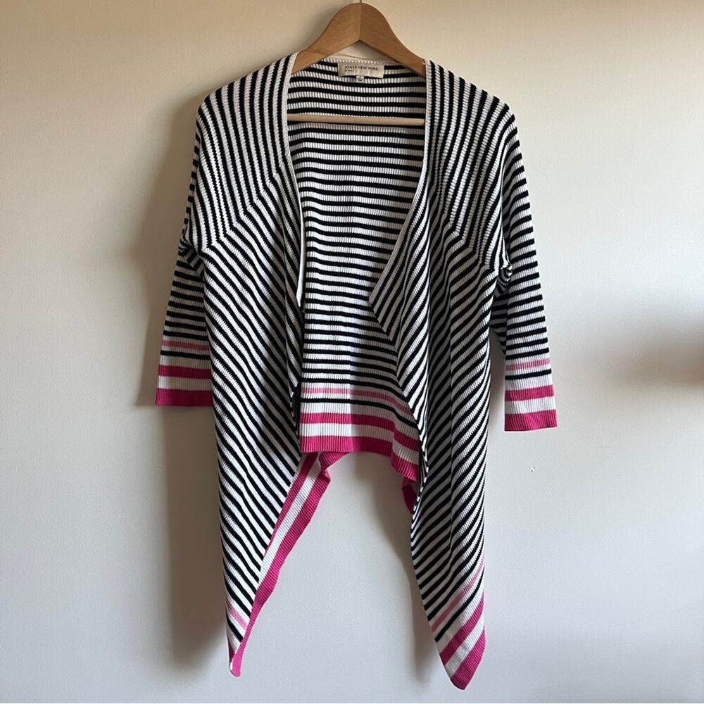 Jones New York Cotton Striped Drape Waterfall Cardigan Sweater Black Pink Size S